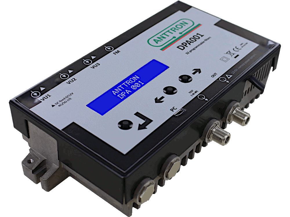Amplificatore programmabile, 4 ingressi 3x VHF/UHF, 1x FM, 32 cluster, &gt;55dB/131dBμV - ANTTRON