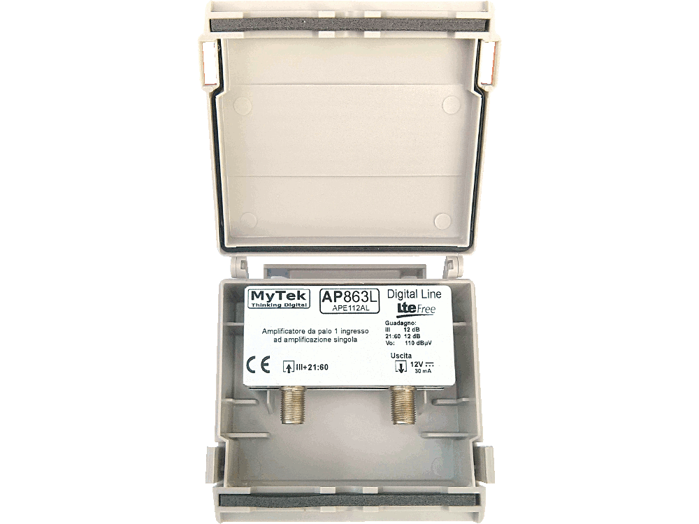 Amplificatore da palo 1 ing III+21:48 12dB 2 Reg. 105/110 con Filtro 5G - Telealimentazione automatica