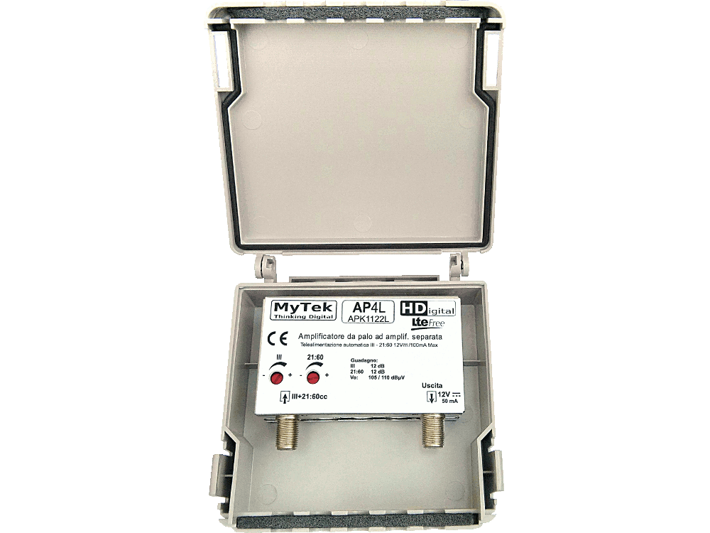 Amplificatore da palo 1 ing III+21:48 12dB 2 Reg. 105/110 con Filtro 5G - Telealimentazione automatica
