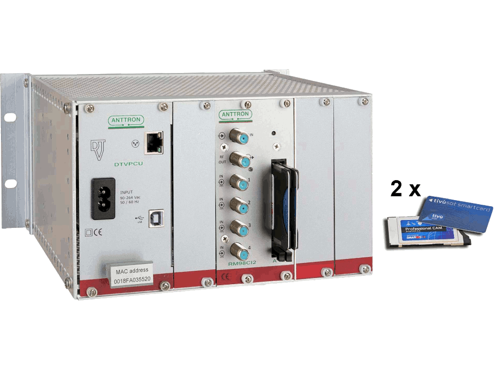 Centrale Transmodulazione 8 transponder SAT DVB-S/S2 in 8 MUX DVB-T/T2 con 2 CAM + 2 CARD TIVUSAT professionali