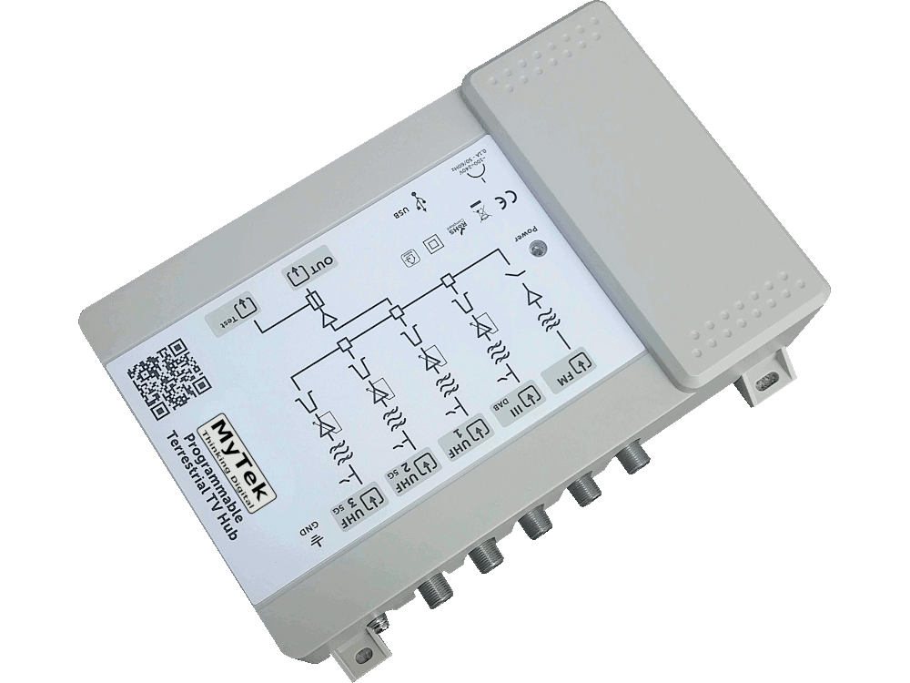 Centrale TV Programmabile a filtri attivi 5 ing. I / III / 21:69 / 21:48 / 21:48 Livello Uscita 113dBμV, Filtro LTE 5G, alimentazione integrata, connettori F, Configurazione con App Android