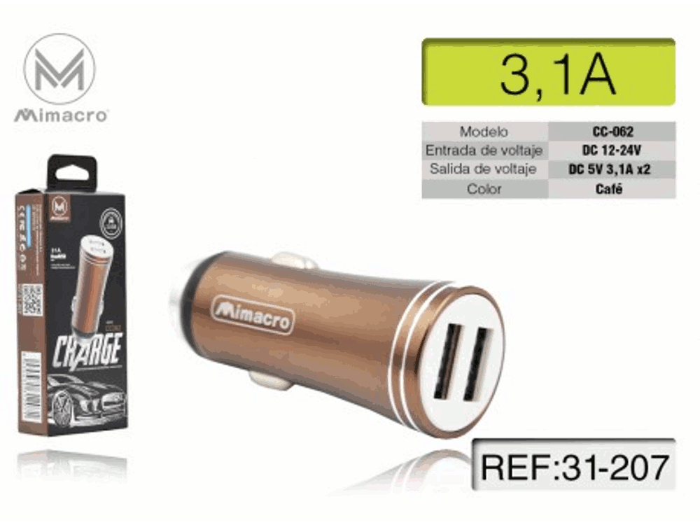 Caricabatterie da auto ad alta corrente con 2 uscite USB 5V 3.1A - Color Marrone