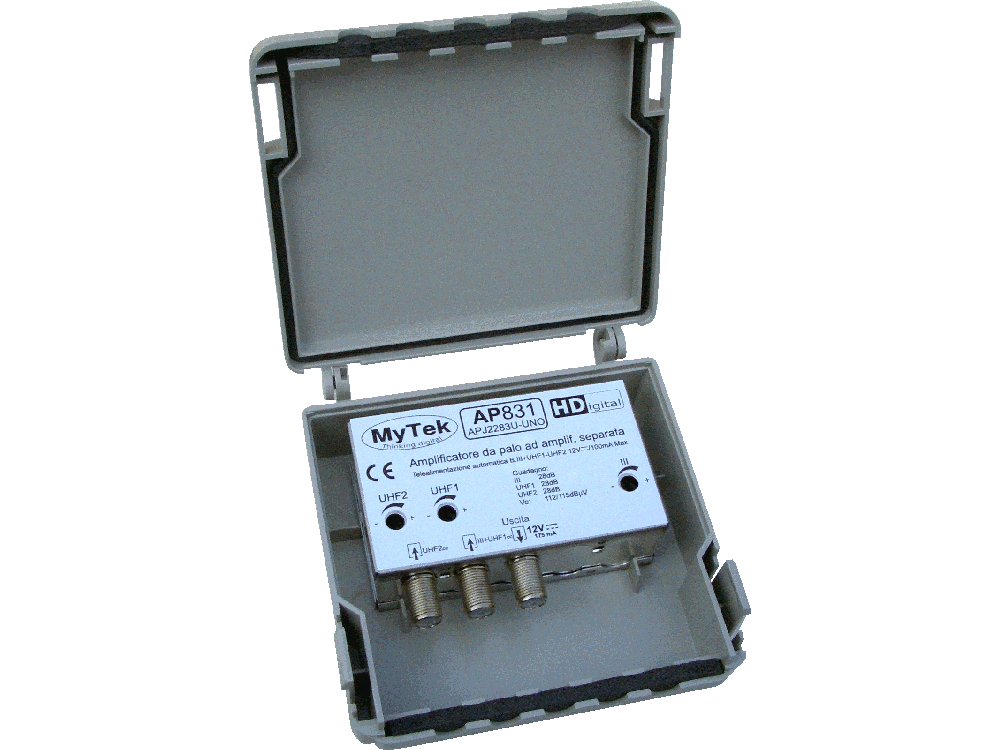 Amplificatore da palo 2 ing  III+UHF  -  UHF 28dB 3R 112/115dBuV - Telealim. auto. - &quot;UNO&quot; + filtro 5G in omaggio