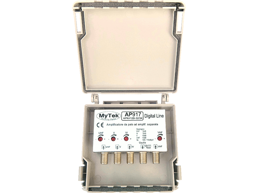 Amplificatore da palo 4 ing VHF  -  21:32  -  34:69  -  UHF 12dB 4R 105/110dBuV - Filtro 4+5G in omaggio