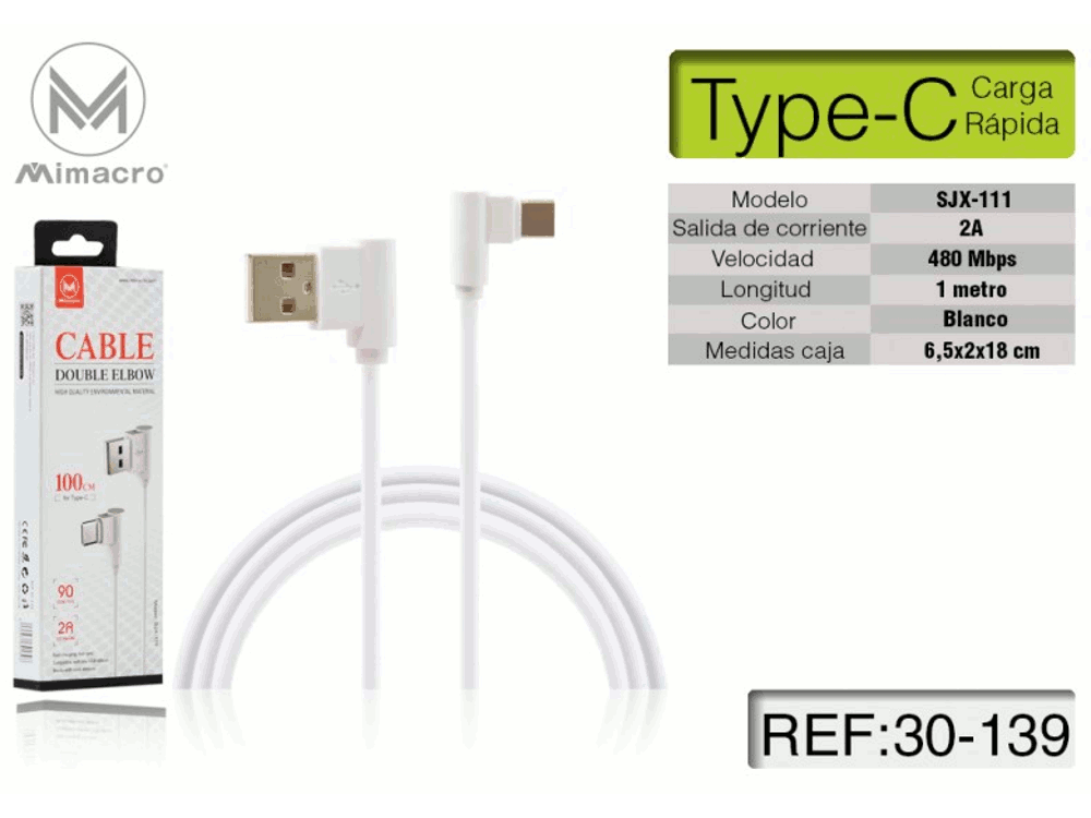 Cavo alimentazione USB Type C - Alta corrente - Lunghezza 1 metro - Bianco - Ad angolo