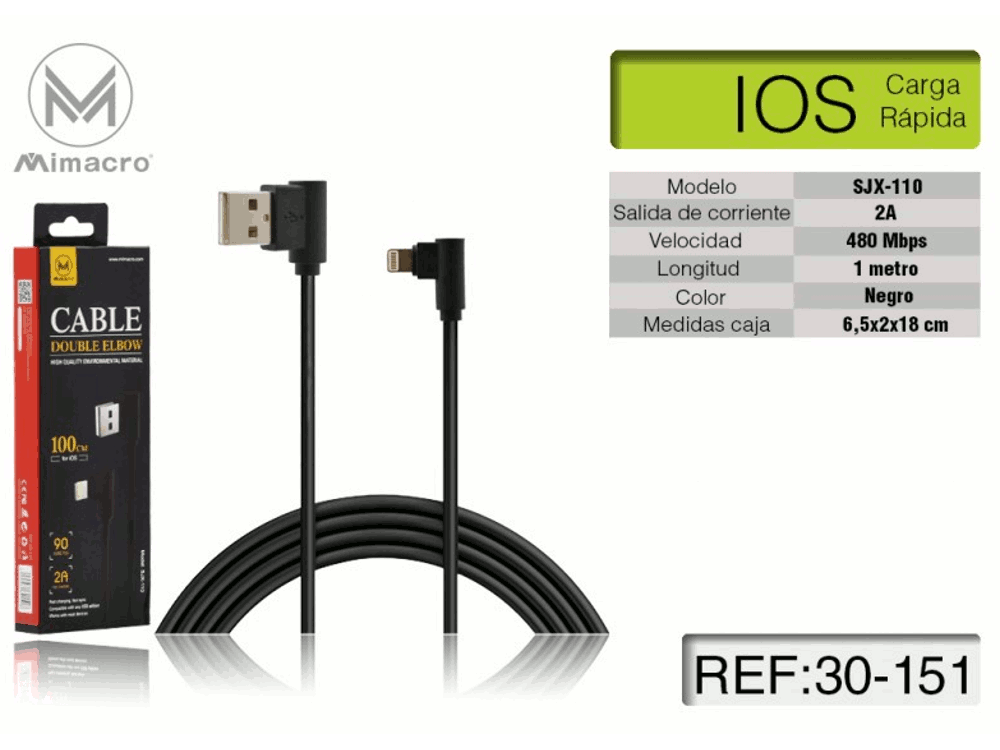 Cavo alimentazione USB per IOS - Alta corrente - Lunghezza 1 metro - Nero - Ad angolo