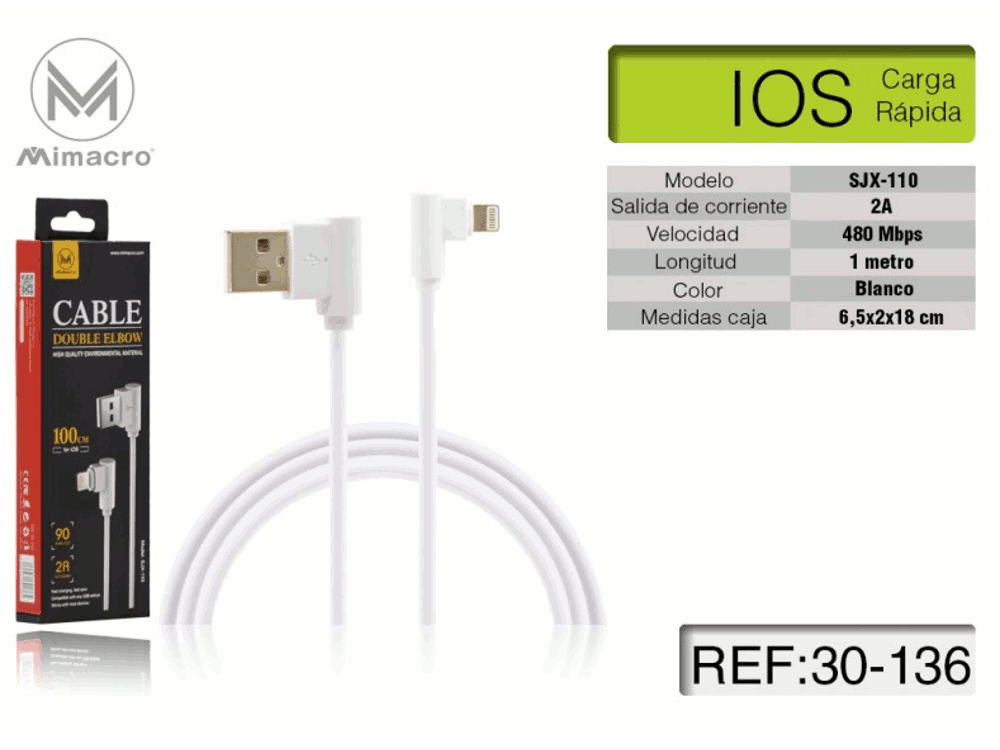 Cavo alimentazione USB per IOS - Alta corrente - Lunghezza 1 metro - Bianco - Ad angolo