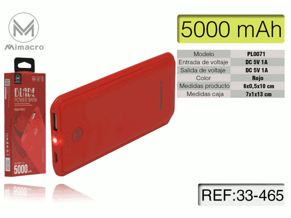 Power bank 5000mA 5V  Super Slim Rosso