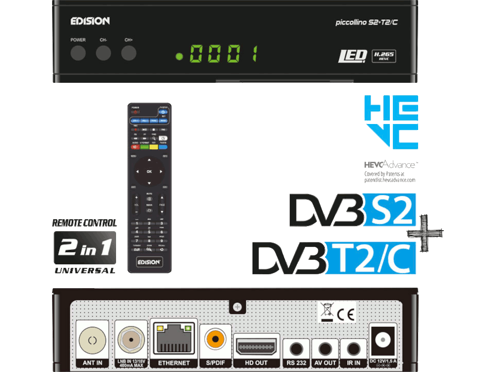 Edision Piccollo S2+T2/C Combo HEVC Decoder HD DTT e SAT